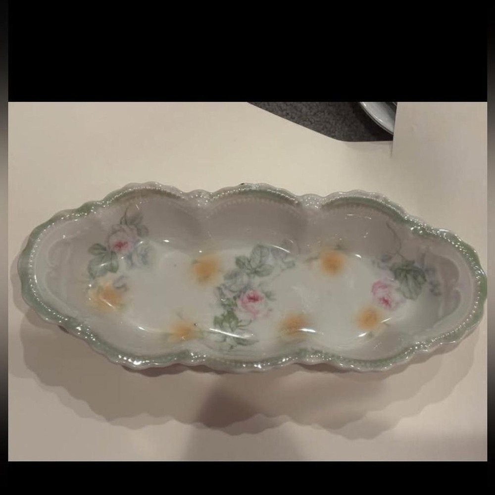 Antique German Porcelain Relish Dish | Hand-Painted Roses & Gold Accents